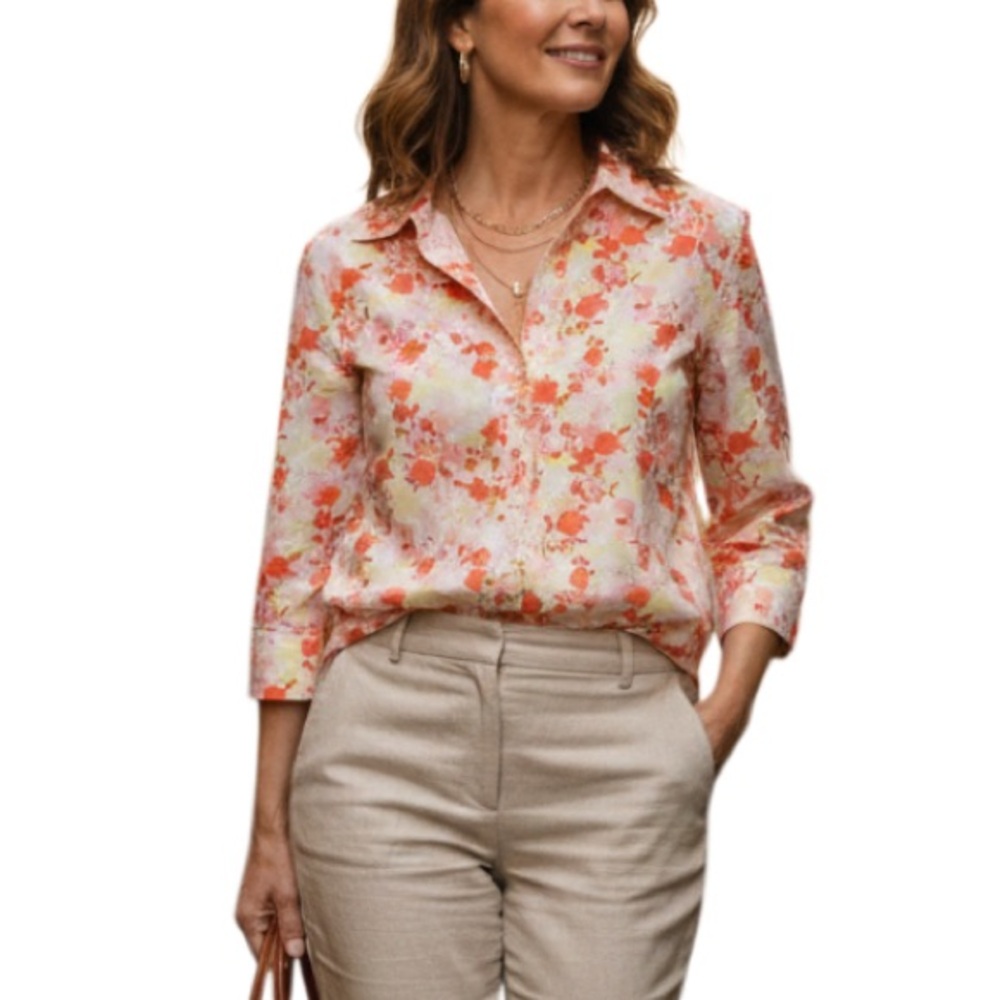 Foxcroft 3/4 Sleeve Medallion Floral Orange and White Casual Button Down Shirt